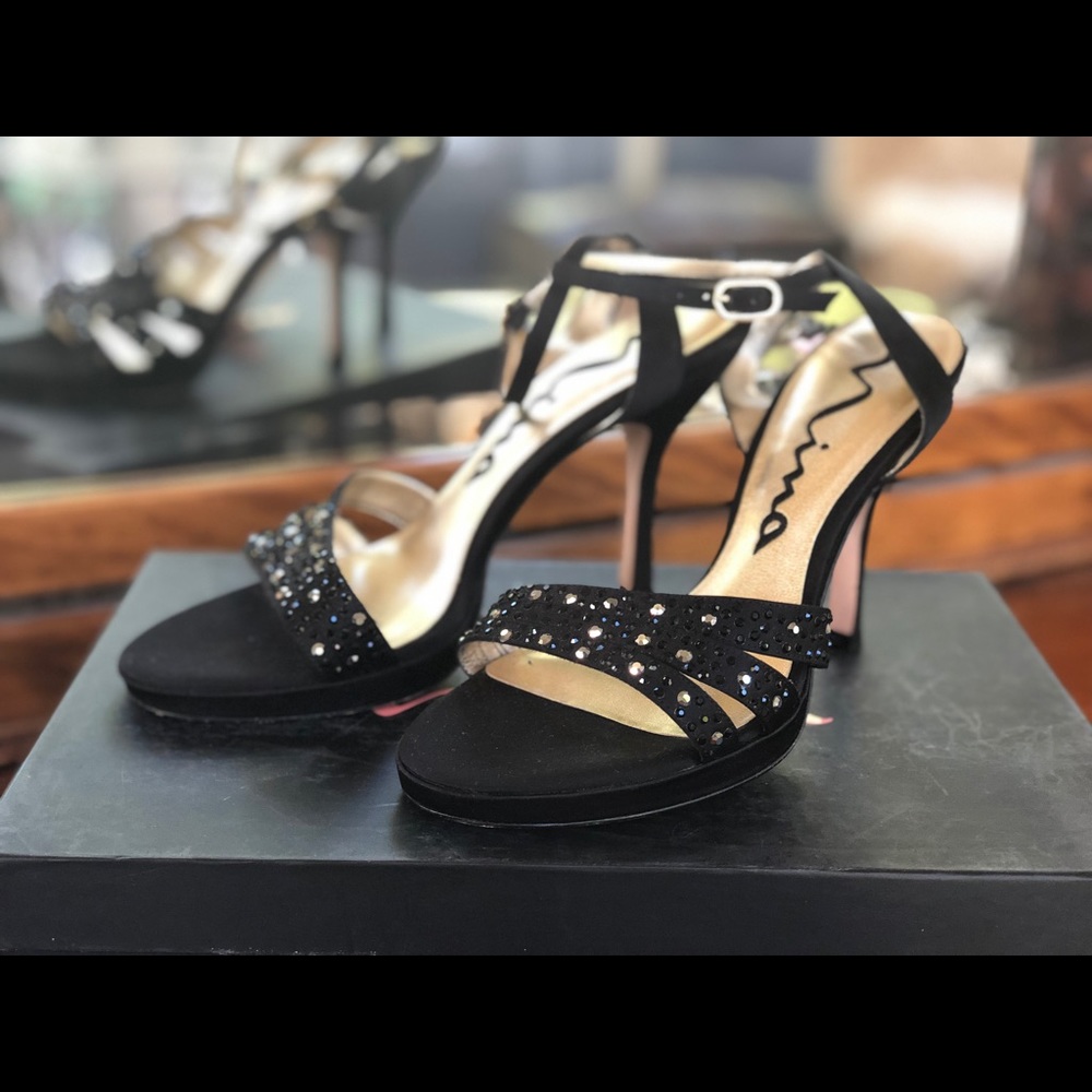 Nina Gideon rhinestone blk satin/silk heels, NICE - Picture 1 of 6
